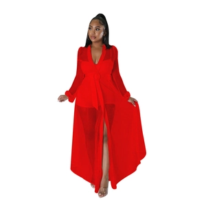 Detail showing the red sheer mesh fabric and long sleeve design of this elegant jumpsuit