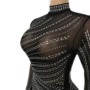 Detail of black mesh bodysuit featuring vertical silver rhinestones and sequins on the sleeves