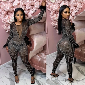 Elegant black mesh jumpsuit with silver rhinestones and feathered sleeves for women