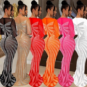 Mesh sheer long sleeve evening gown with sparkling rhinestones in six various colors