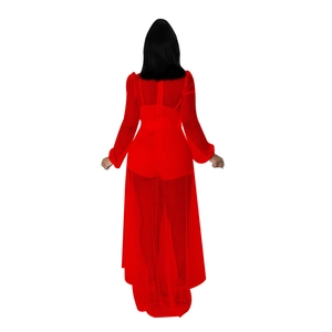 Detail view of the red long sleeve mesh fabric texture and slim fit back design
