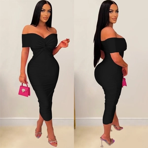 Front and side view of a black off-shoulder midi dress with stylish pleated twist detail