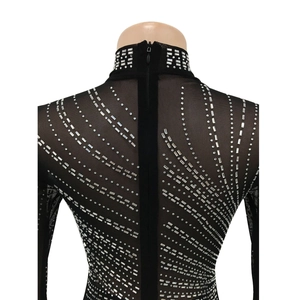 Detail of silver rhinestones and back hidden zipper on black mesh evening dress