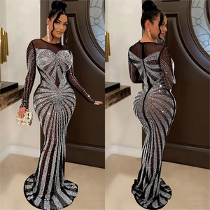 Elegant black sheer mesh long sleeve maxi dress with silver rhinestones and crystals