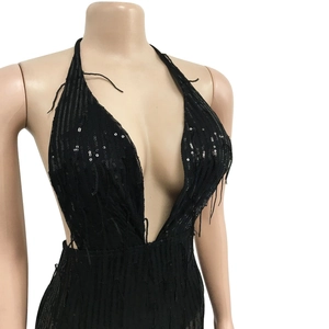 Détails de paillettes noires à franges et mesh sur une combinaison licou sexy