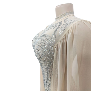 Detail of champagne mesh dress with silver rhinestones and elegant pleated sleeves