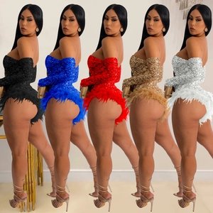 Women's sequin rompers in five colors with feather trim and off-shoulder design