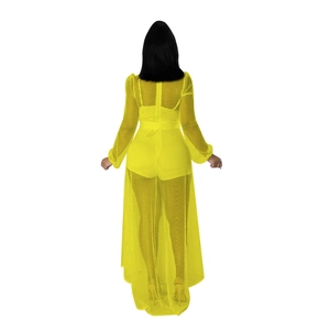 Back view of high-quality yellow mesh see-through long sleeve maxi dress with bikini set