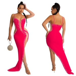 Detail of hot-drilled rhinestones on rose red V-neck sleeveless slim evening dress
