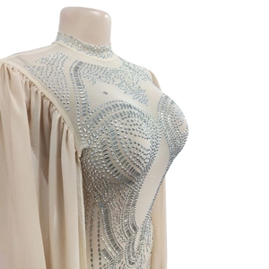 Detailed view of sheer mesh jumpsuit with silver rhinestones and puffy chiffon sleeves