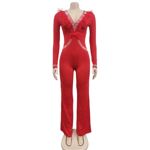 Detail of red jumpsuit with fringe feathers, V-neck, and rhinestone embellishments