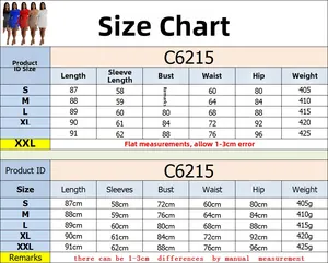 Size chart for C6215 long sleeve bodycon dress with measurements from S to XXL