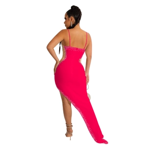 Detail of rose red gown featuring mesh splicing with rhinestones and asymmetric long train