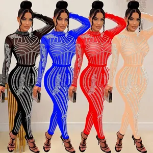 Women Elegant Rhinestone Mesh Patchwork Jumpsuit Sexy Bodycon Long Sleeve Party Clubwear Geometric Pattern Slim Fit Jumpsuit