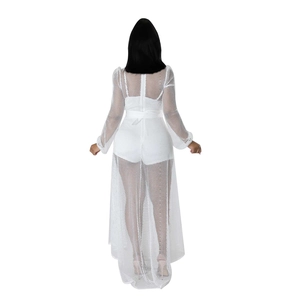 Detailed back view of white mesh sheer long sleeve romper with waist tie decoration