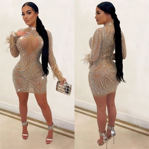 Robe moulante nue de luxe avec perles strass, découpes en mesh et plumes aux poignets