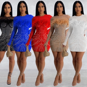 Elegant Feather Mesh Long Sleeve Bodycon Mini Dress Rhinestone Artificial Pearl Embellished Sexy Party Wedding Evening Dress For Women