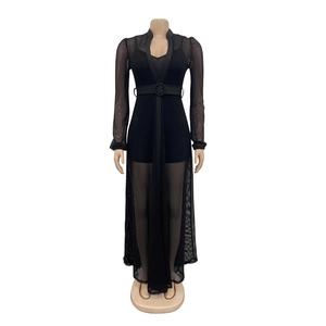 Close-up of black mesh bodysuit with deep V-neck, lapel collar and circular buckle belt