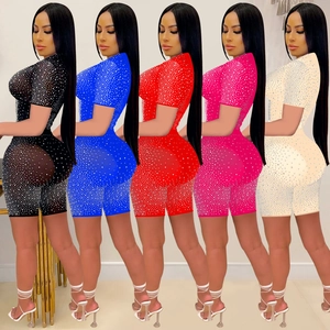 Short sleeve mesh romper set with sparkling rhinestones in five stylish colors
