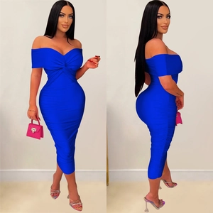 Detailed view of the royal blue strapless midi dress showing ruched texture and slim fit