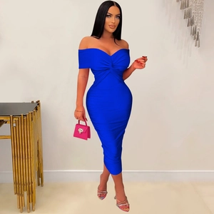 Detailed view of the royal blue strapless midi dress featuring full-body ruched design