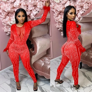 Red rhinestone bodysuit with deep V-neck mesh and feather cuffs for elegant party wear