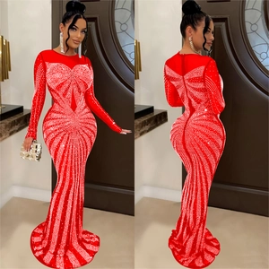 Elegant red long sleeve mermaid evening dress with white rhinestones and mesh detailing