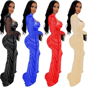 Robe de soirée élégante à manches longues avec strass en noir bleu rouge et abricot