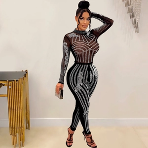 Detail of sheer mesh jumpsuit with luxury rhinestone patterns and long sleeves for party wear