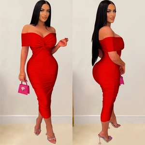 Sleeveless red off-shoulder midi dress with ruched bodycon design and knot front detail