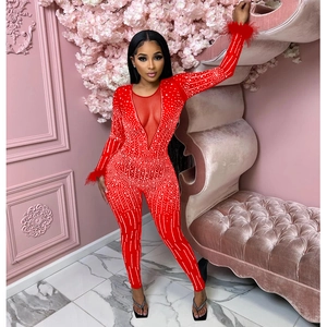 Close-up of red rhinestone jumpsuit featuring feather cuffs and sheer mesh V-neckline