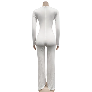 Back view of a white jumpsuit with long sleeves, hidden zipper, and rhinestone cuffs
