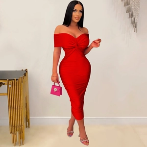 Close-up of a red off-shoulder midi dress featuring twist-knot detail and ruched fabric