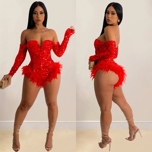 Sparkly red sequin romper for women with long sleeves and elegant feather trim at hem