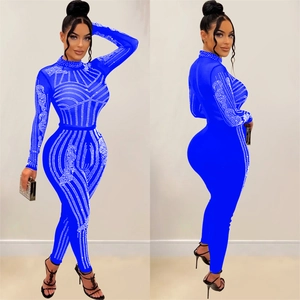 Electric blue mesh jumpsuit with long sleeves and sparkling rhinestone patterns