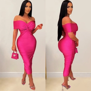 Hot pink off-the-shoulder midi dress with ruched twist detail and bodycon silhouette