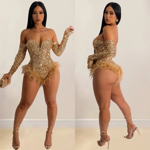 Sparkling gold sequin long sleeve romper with feather trim for evening party wear