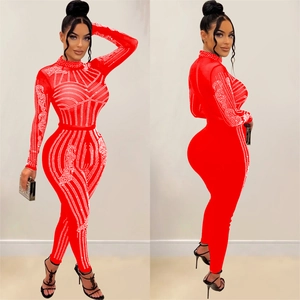 Women's fashion red mesh jumpsuit with vertical rhinestones and slim fit long sleeves