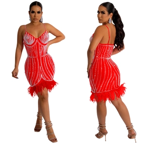 Vue détaillée d'une robe moulante rouge avec strass argentés et bordure en plumes