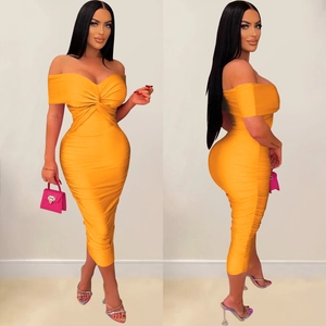 Elegant orange ruched strapless midi dress with twist front detail and slim fit design