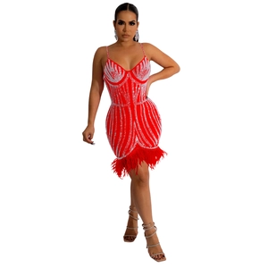 Détail d'une robe rouge à paillettes avec des lignes brillantes et des plumes au bas