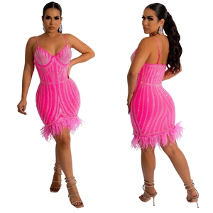 Détails de la robe de soirée rose avec des rayures en strass et bordure en plumes de luxe