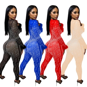Sparkly rhinestone mesh bodysuit with feather cuffs in black, blue, red and beige