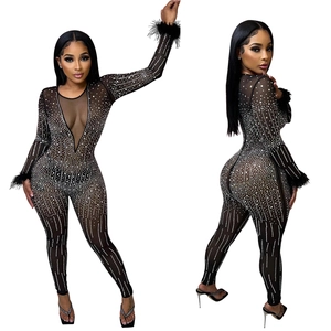 Detail of sheer black mesh jumpsuit with rhinestone stripes and feather cuffs decoration