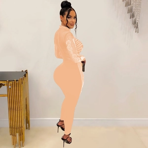 Detail of light orange rhinestone mesh jumpsuit featuring long sleeves and stand collar