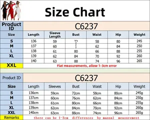 Tableau des tailles détaillé pour robe maxi à manches longues avec fente et liens