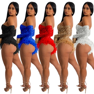 Sparkly strapless sequin rompers with feather trim detail in five assorted colors