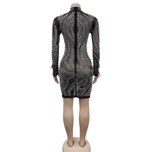 Détail de la robe en mesh avec perles, strass et finitions de manches en plumes élégantes
