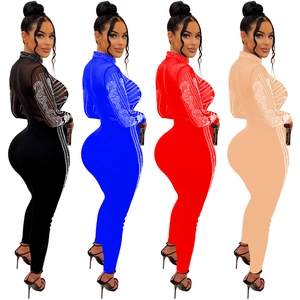 Women's slim fit mesh jumpsuit with rhinestones and long sleeves in multiple colors