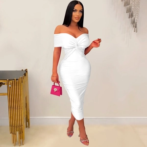 Detailed view of white off-shoulder ruched dress with elegant twist knot design